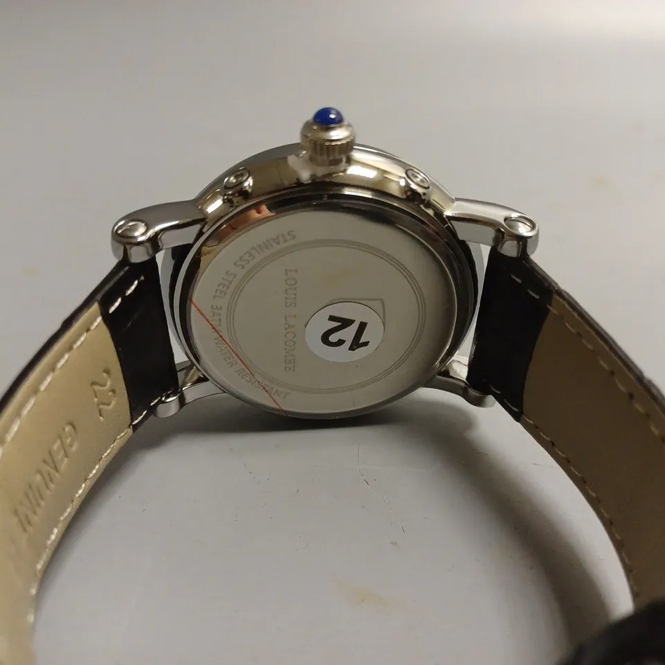 MENS LOUIS LACOMBE CHRONOGRAPH WATCH – MULTI FUNCTION DIAL WITH DATE – ROMAN NUMERAL DIAL – LEATHER STRAP
