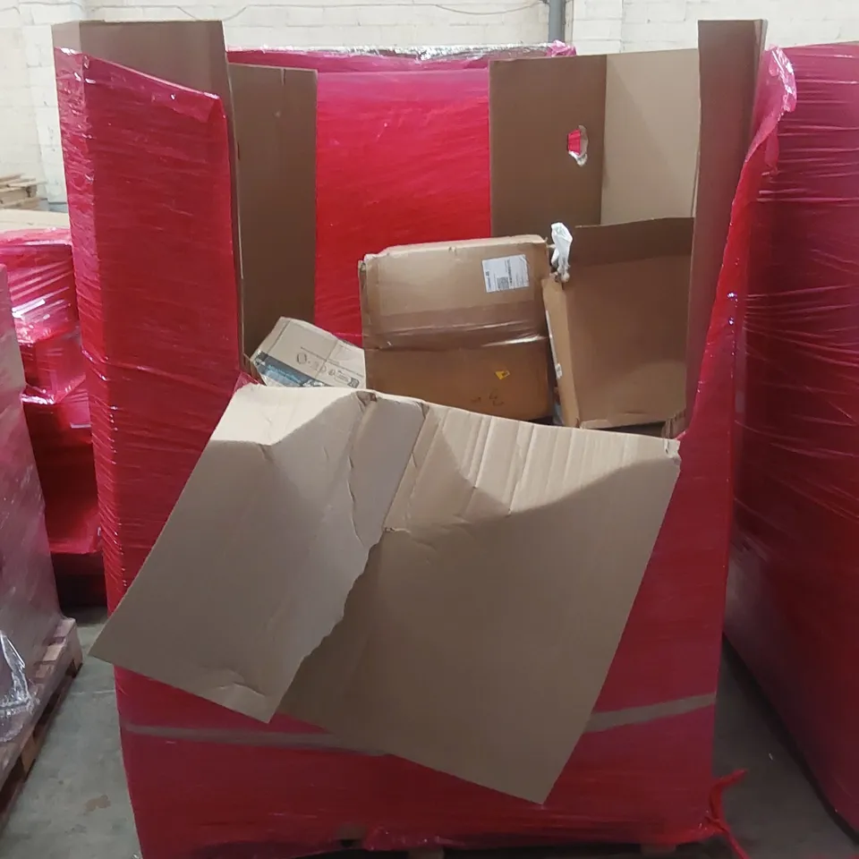 PALLET OF ASSORTED HOUSEHOLD GOODS AND PRODUCTS TO INCLUDE; W ASSAULT HELMET, OUTDOOR CART, CEILING FAN LIGHT, BOXED FURNITURE ETC 
