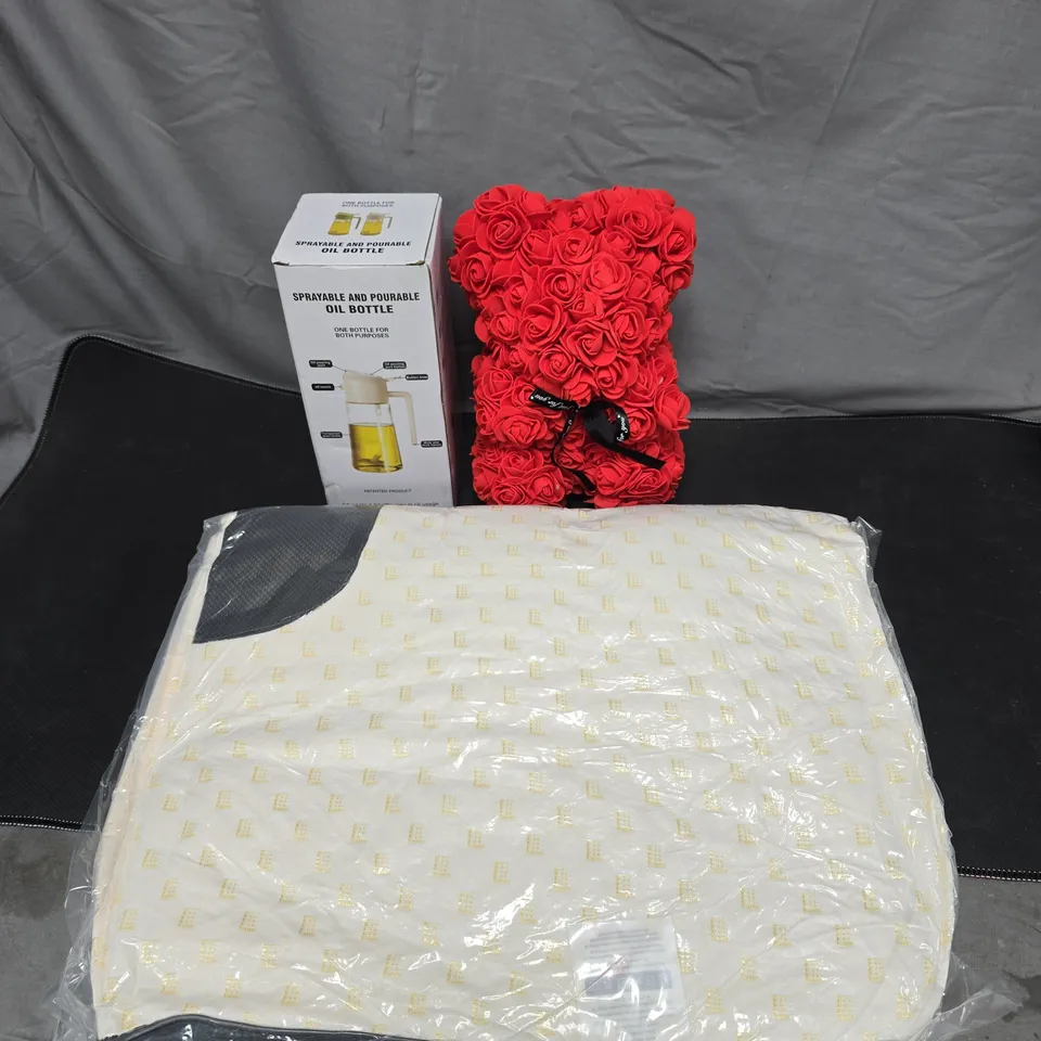 BOX OF APPROXIMATELY 15 ASSORTED HOUSEHOLD ITEMS TO INCLUDE FAUX ROSE TEDDY BEAR, PILLOWS AND OIL BOTTLE