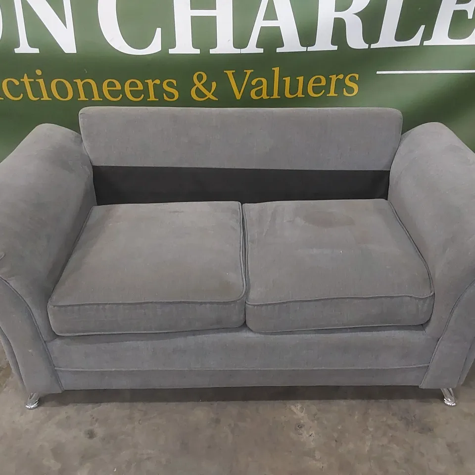 DESIGNER 2 SEATER FABRIC UPHOLSTERED SOFA - MISSING BACK CUSHIONS 