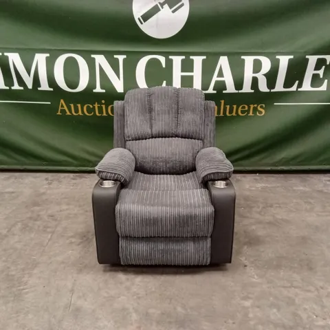 DESIGNER GREY CORDUROY FABRIC & FAUX LEATHER POWER RECLINER CHAIR WITH CUP HOLDERS
