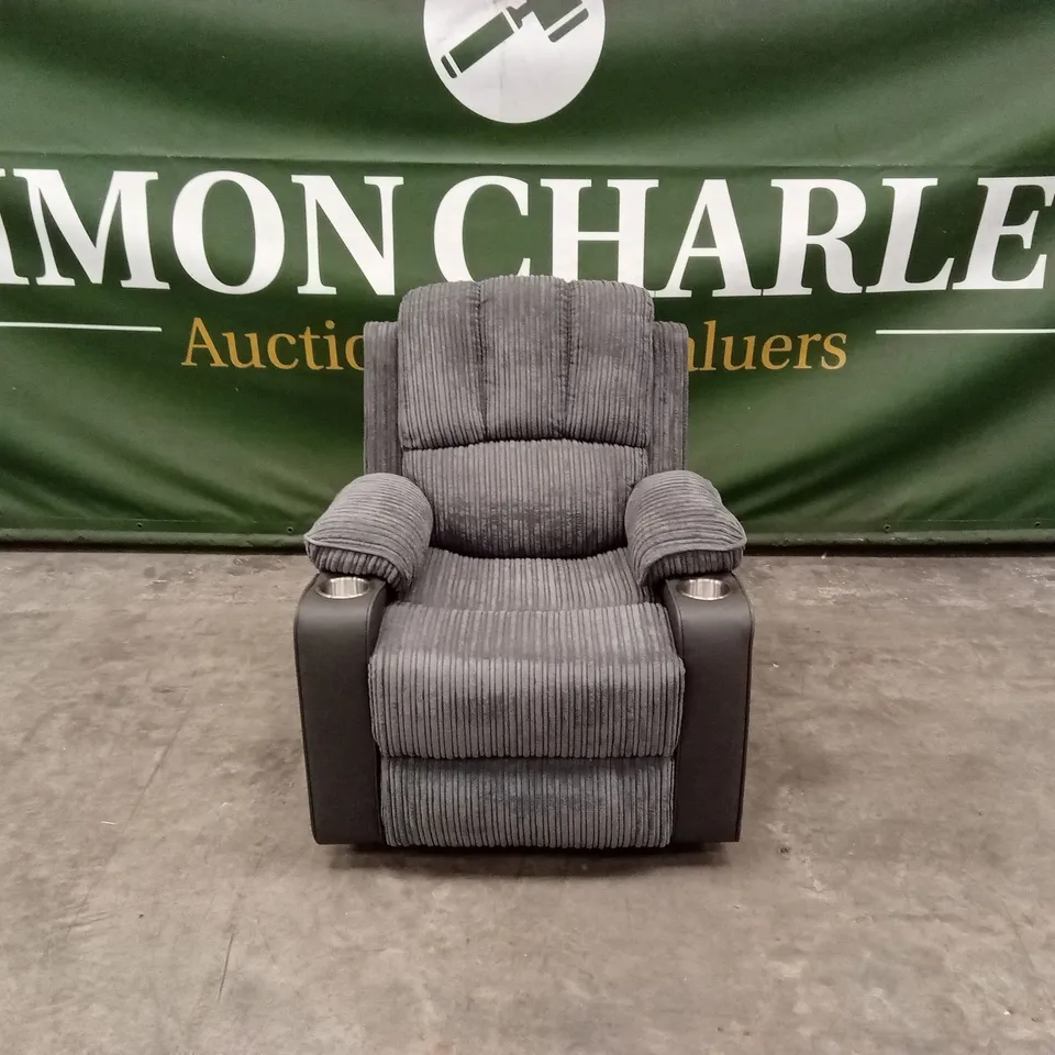 DESIGNER GREY CORDUROY FABRIC & FAUX LEATHER POWER RECLINER CHAIR WITH CUP HOLDERS