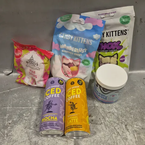 APPROXIMATELY 12 ASSORTED FOOD/DRINK PRODUCTS TO INCLUDE CANDY KITTENS SWEETS, ICED COFFEE, CRANBERRY JUICE ETC