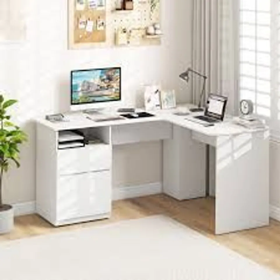 BOXED COSTWAY L-SHAPED COMPUTER DESK WITH LETTER FILE DRAWER - WHITE