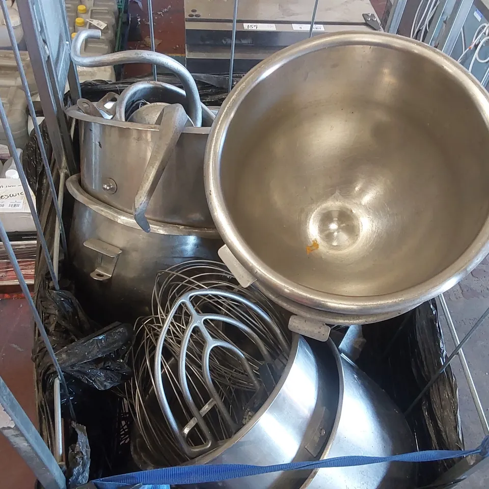 CAGE OF ASSORTED HOBART/CRYPTO BAKERY BOWLS, HOOKS, WHISKS AND BEATERS ECT // CAGE NOT INCLUDED