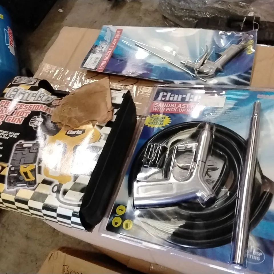 BOX TO CONTAIN ASSORTED TOOLS AND PRODUCTS TO INCLUDE;CLARKE HEAT GUN,CLARKE SANDBLAST KIT,LONG NOZZLE BLOW GUN,ETC