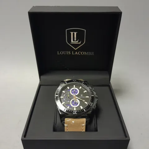 MENS LOUIS LACOMBE CHRONGRAPH WATCH – 3 SUB DIALS – BLACK CASE – LEATHER STRAP