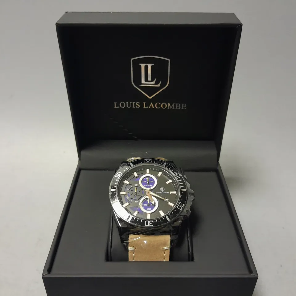 MENS LOUIS LACOMBE CHRONGRAPH WATCH – 3 SUB DIALS – BLACK CASE – LEATHER STRAP
