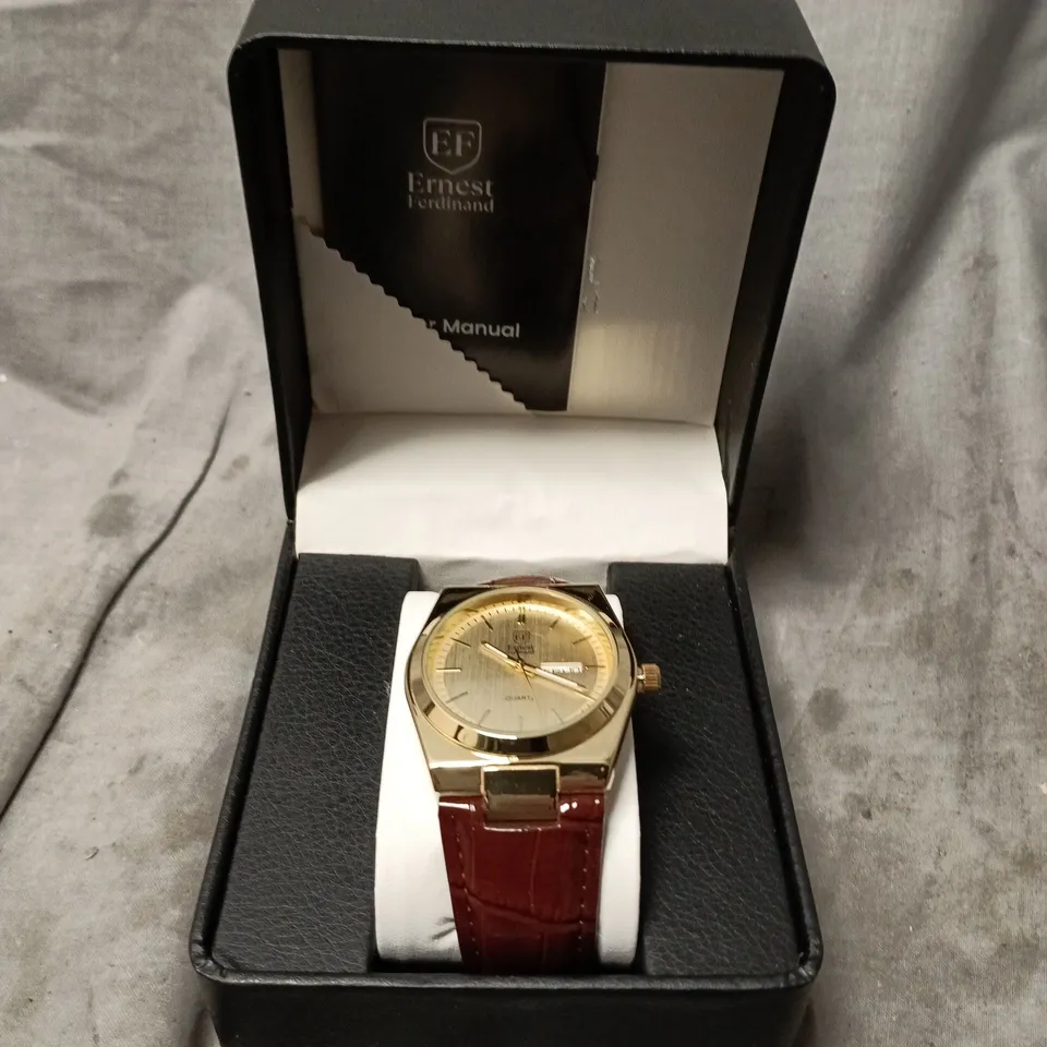 ERNEST FERDINAND WATCH – DAY DATE CALENDAR DIAL – LEATHER STRAP – 3ATM WATER RESISTANT - GIFT BOX