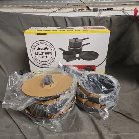 BOXED SCOVILLES 4+1 PCE ULTRA LIFT NON-STICK COOKWARE SET IN GREY - COLLECTION ONLY