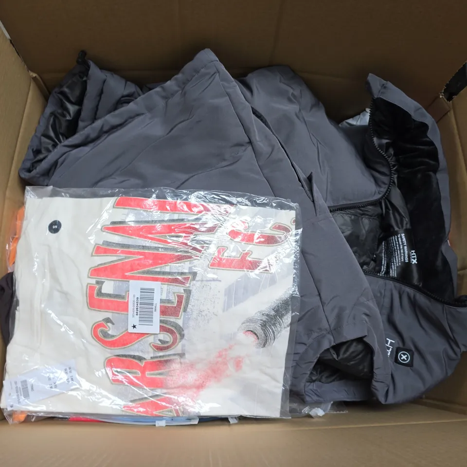 LARGE BOX OF APPROXIMATELY 20 ASSORTED CLOTHING ITEMS IN VARIOUS SIZES, STYLES AND COLOUR 