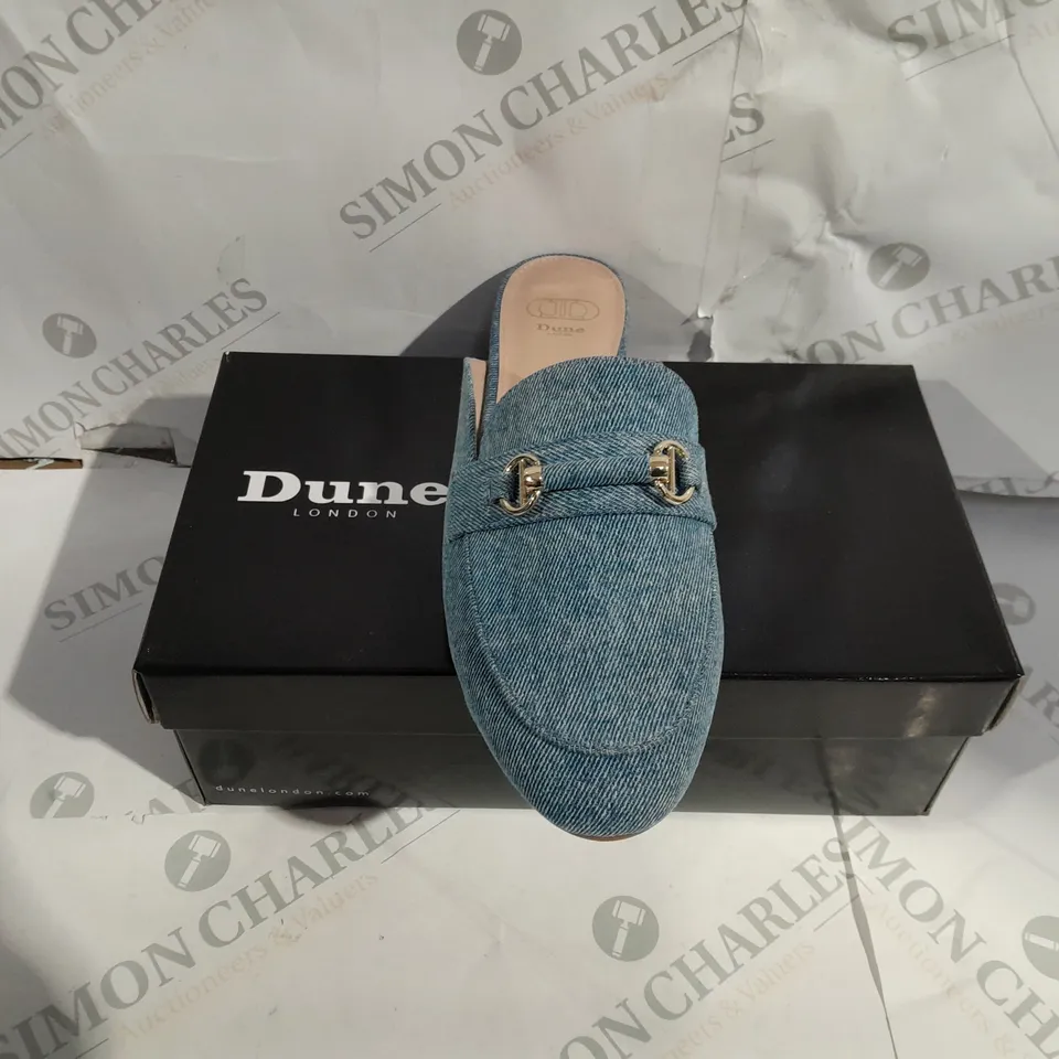 BOXED DUNE LONDON BLUE DENIM FABRIC SLIM SOLE BACKLESS SHOES SIZE 39