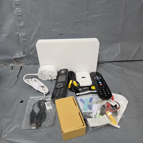 APPROXIMATELY 15 ASSORTED HOUSEHOLD ITEMS TO INCLUDE ROUTER, TV REMOTES, BT F LEADED WHITE ADAPTOR, ETC