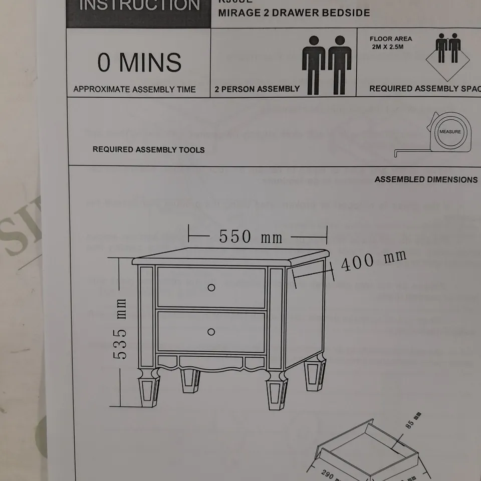 BOXED MIRAGE 2 DRAWER BEDSIDE - COLLECTION ONLY  RRP £149