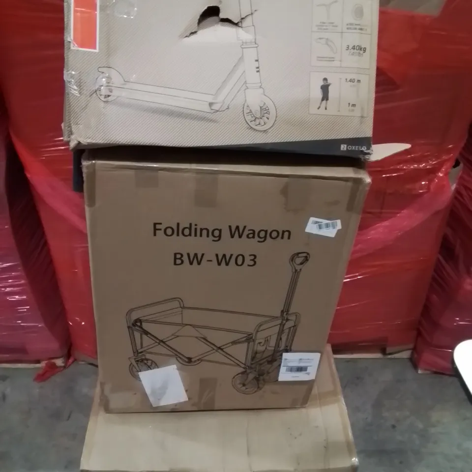 PALLET OF ASSORTED HOUSEHOLD GOODS AND PRODUCTS TO INCLUDE;FOLDING WAGON,KIDS SCOOTER VIBRATION PAD