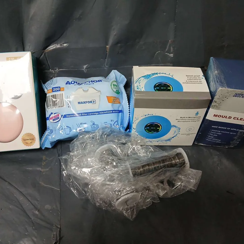 APPROXIMATELY 20 ASSORTED HOUSEHOLD ITEMS TO INCLUDE BLUETOOTH REMOTE CONTROL RING, MOULD CLEANER, REPLACEMENT FILTER CARTRIDGE, ETC