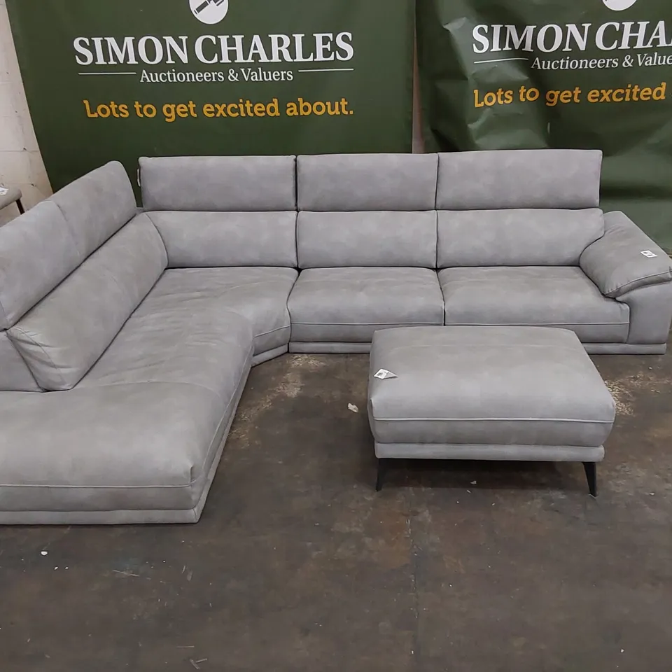 DESIGNER SUEDE CORNER SOFA WITH ADJUSTABLE HEADRESTS AND FOOTREST - GREY (4 ITEMS)