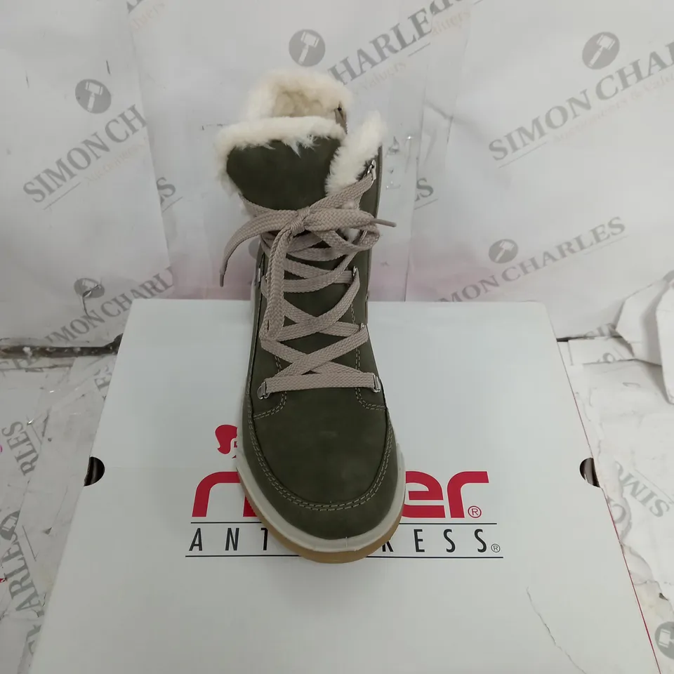 BOXED RIEKER WATER RESISTANT WARM LINED HIKING LACE UP BOOTS, KHAKI - SIZE 6.5
