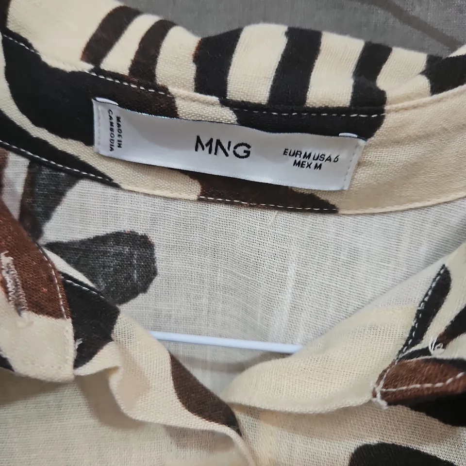 MNG BY MANGO WOMEN'S PRINTED SHIRT IN BEIGE/BLACK TROPICAL PATTERN & BUTTON-FRONT - SIZE M