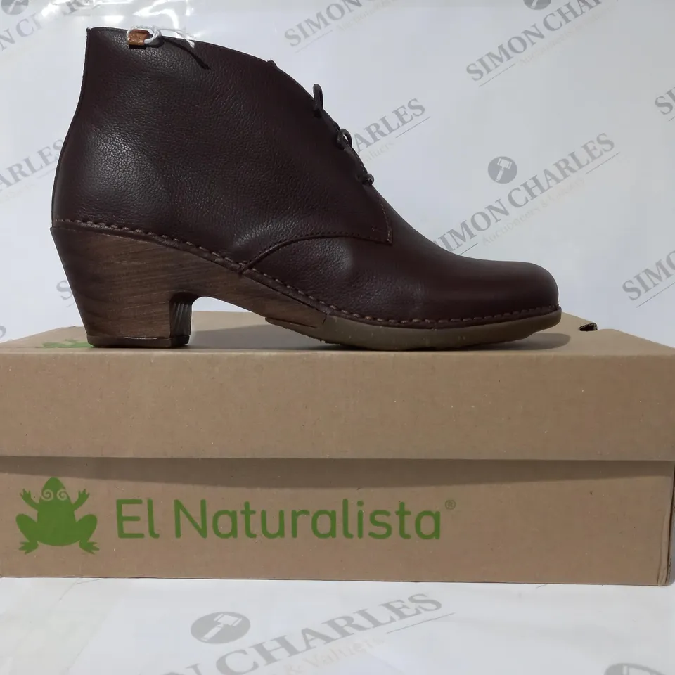 BOXED PAIR OF EL NATURALISTA SYLVAN LOW HEEL ANKLE BOOTS IN BROWN EU SIZE 41