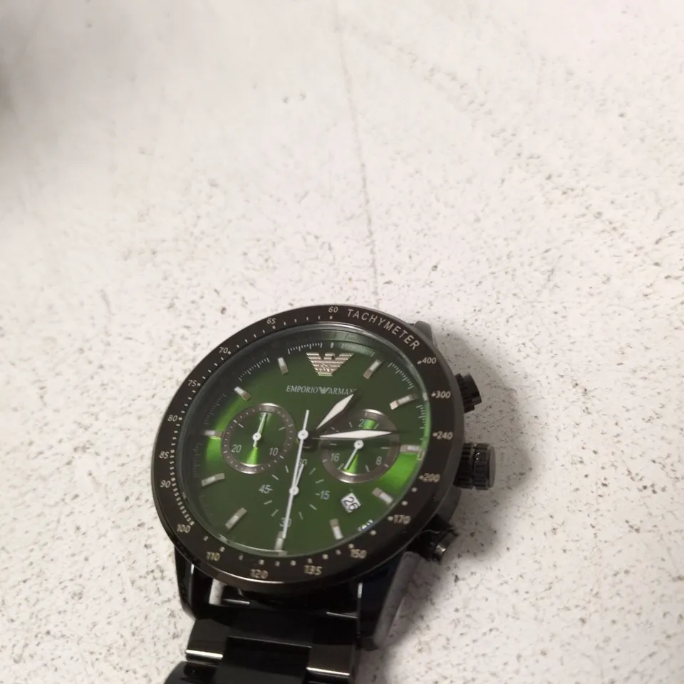 EMPORIO ARMANI CHRONOGRAPH WATCH – GREEN DIAL, STAINLESS STEEL BRACELET