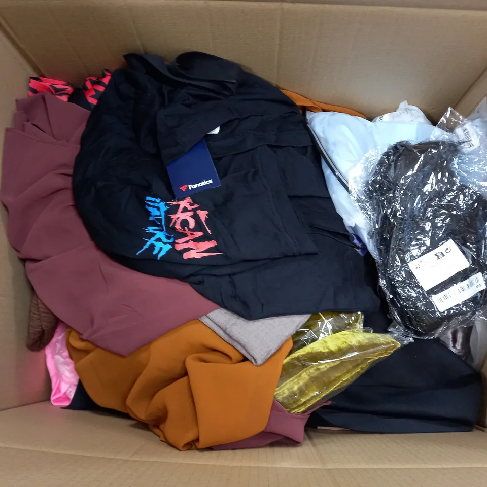LARGE BOX OF ASSORTED CLOTHING ITEMS IN VARIOUS COLOURS AND SIZES INCLUDING TROUSERS , TOPS AND JUMPERS 