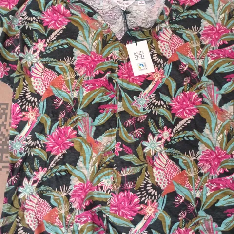 WHITE STUFF NELLY NOTCH NECK T-SHIRT IN GREEN/MULTI FLORAL SIZE UK 18