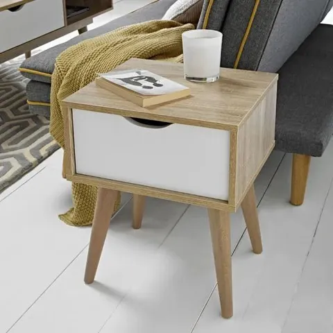BOXED SCANDI OAK END TABLE WHITE DRAWER (1 BOX)
