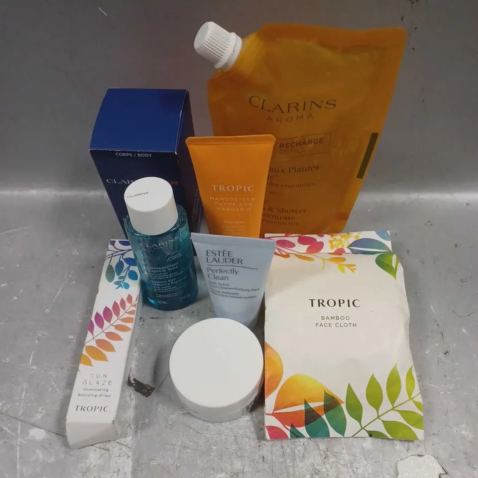 LOT OF 8 ASSORTED SKINCARE PRODUCTS TO INCLUDE - CLAIRINS BATH & SHOWER TONIC - ESTEE LAUDER PERFECTLY CLEAN FOAM CLEANSER/MASK - TROPIC TAMANU BALM - ETC