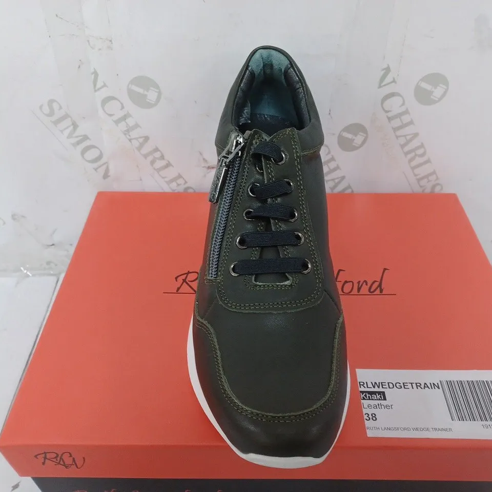 RUTH LANGSFORD WEDGE TRAINER IN KHAKI - SIZE 38