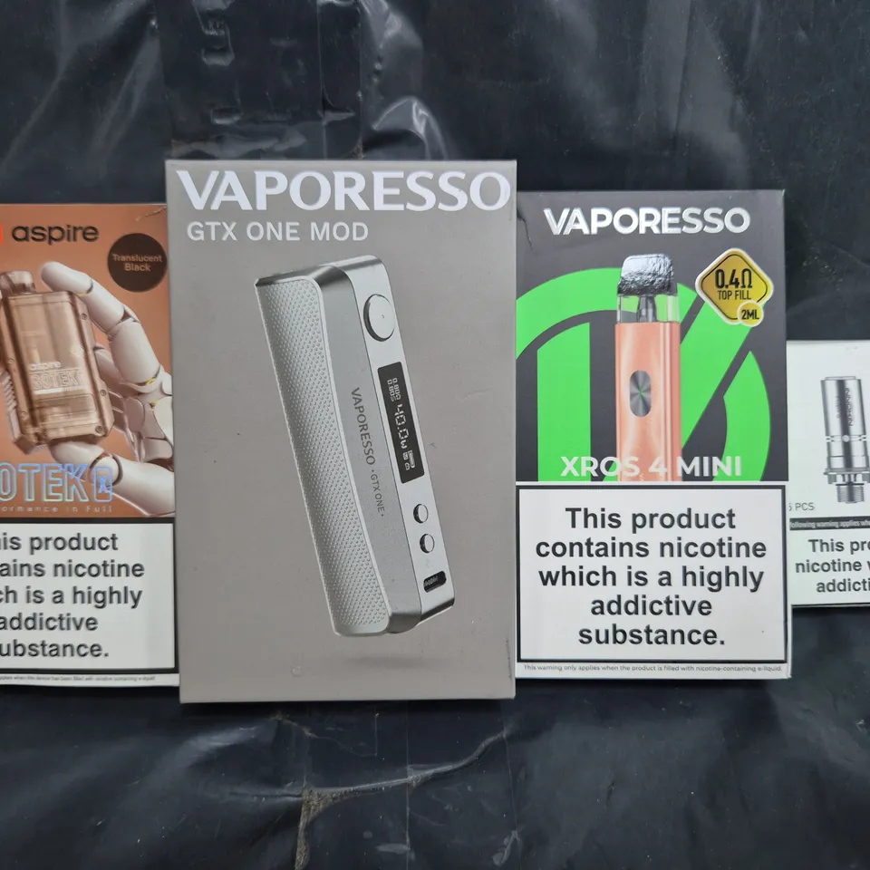 BOX OF APPROXIMATELY 20 ASSORTED VAPING ITEMS AND PRODUCTS TO INCLUDE VAPORESSO, ASPIRE, ETC