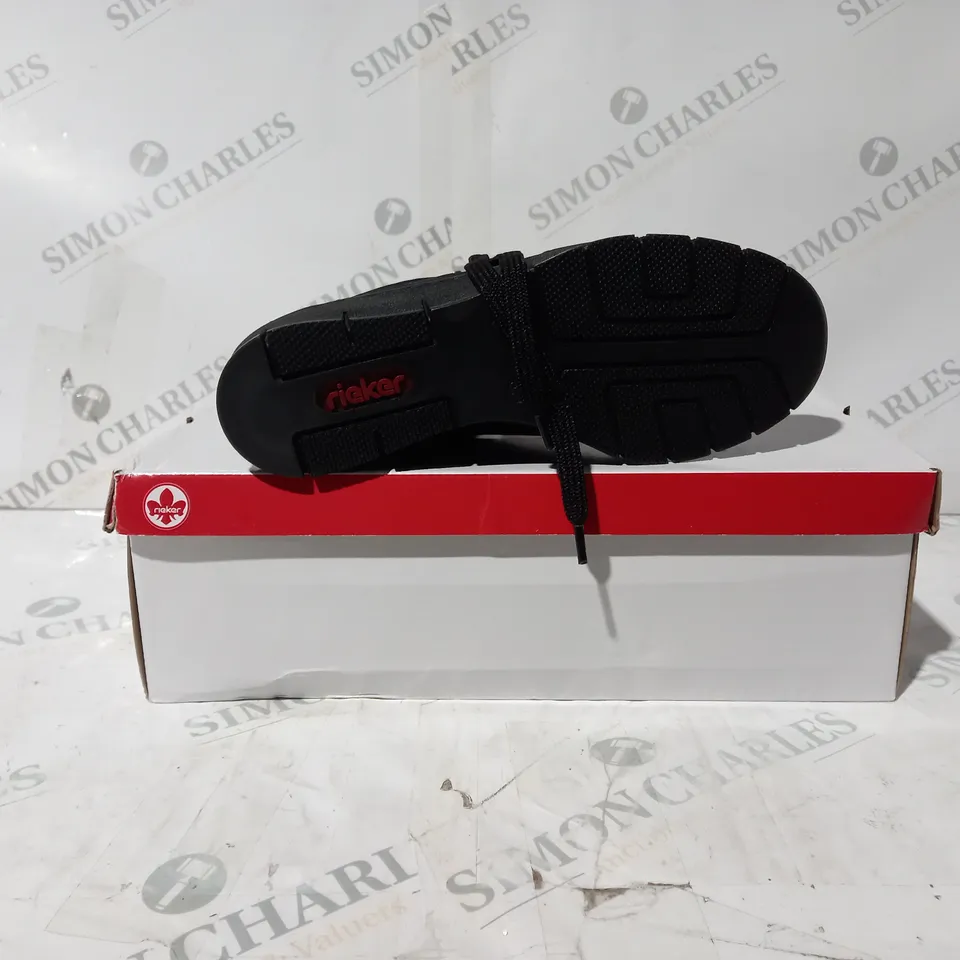 BOXED PAIR OF RIEKER WEDGE TRAINERS IN BLACK UK SIZE 4