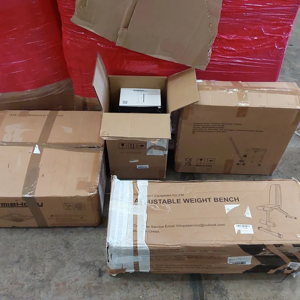 PALLET OF ASSORTED ITEMS INCLUDING:XEMQENER DIMMABLE CRYSTAL CEILING LIGHT, ADJUSTABLE WEIGHT BENCH, ATOMSTACK MAKER AIR FILTER, FOLDING SHIPPING TROLLEY