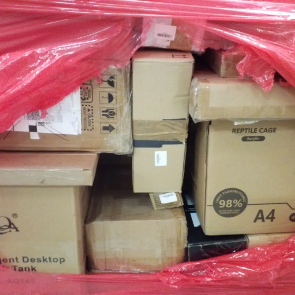 PALLET CONTAINING ASSORTED PRODUCTS INCLUDING FLOOR LAMP, STRIKE SHIELD, REPTILE CAGE & INTELLIGENT DESKTOP FISH TANK