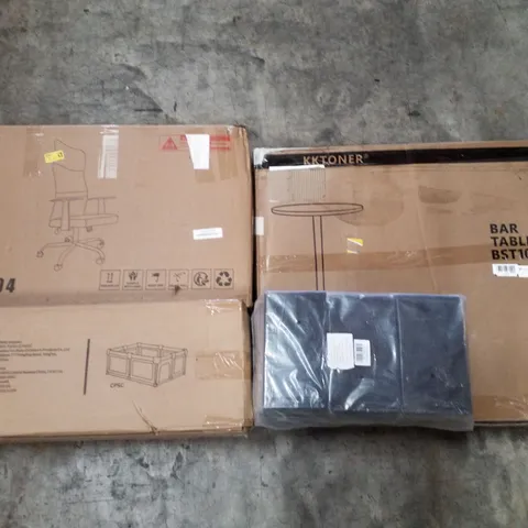 PALLET CONTAINING ASSORTED PRODUCTS INCLUDING BAR TABLE, FOAM FILTER MEDIA PADS, BABY PLAYPEN & OFFICE CHAIR