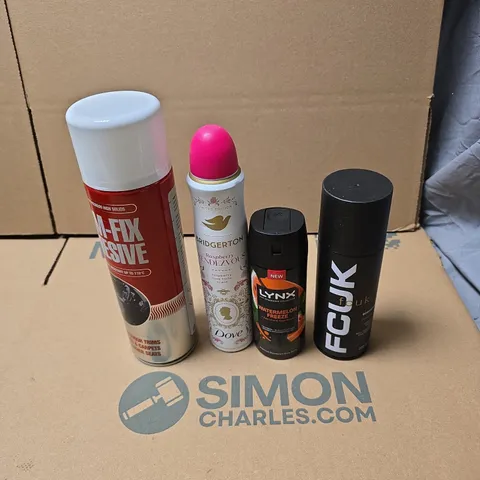 TOTE OF APPROXIMATELY 15 ASSORTED AEROSOL PRODUCTS TO INCLUDE FCUK, LYNX, DOVE BRIDGERTON RASPBERRY RENDEZVOUS, TRIM FIX ADHESIVE ETC