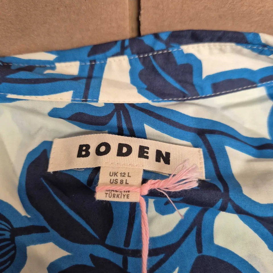 BODEN WOMEN'S FLORAL SHIRT DRESS – BLUE ON CREAM, UK 12 LONG (US 8L)