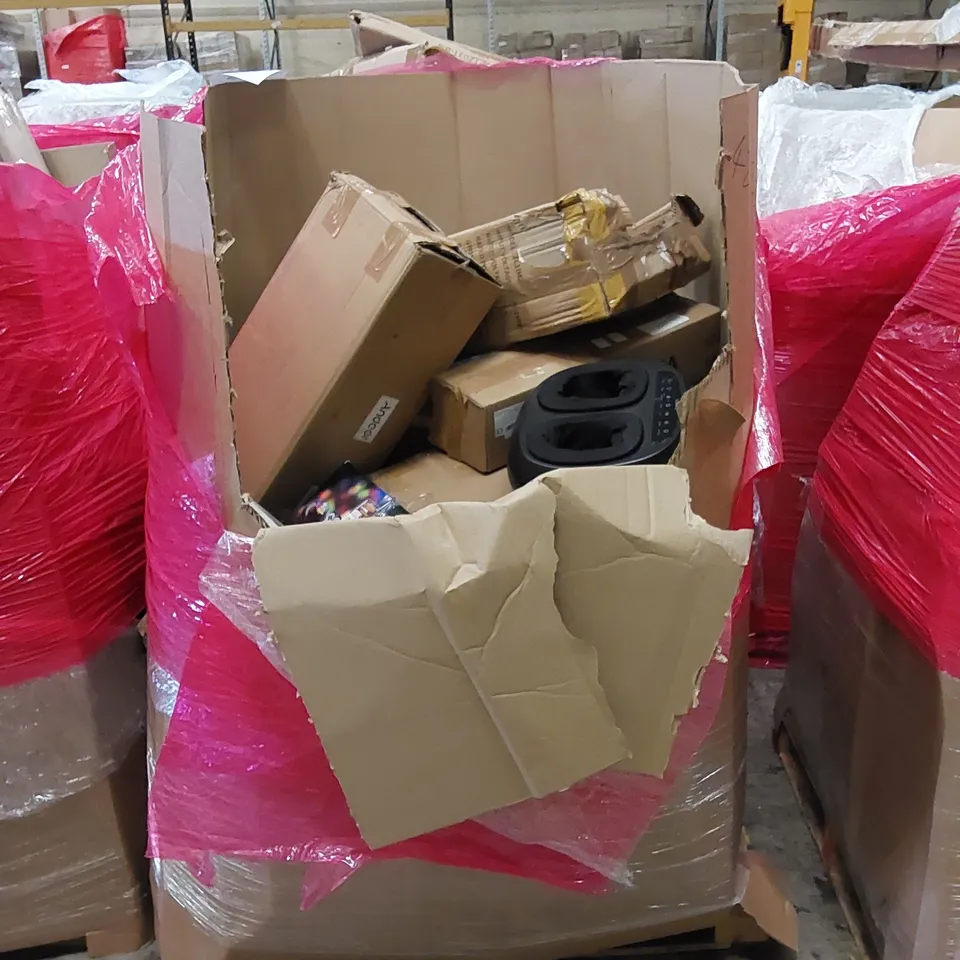 PALLET OF ASSORTED HOUSEHOLD ITEMS AND CONSUMER PRODUCTS. INCLUDES TOYS, DESK MICROPHONE STAND, EASEL STUDIO TV FLOOR STAND ETC