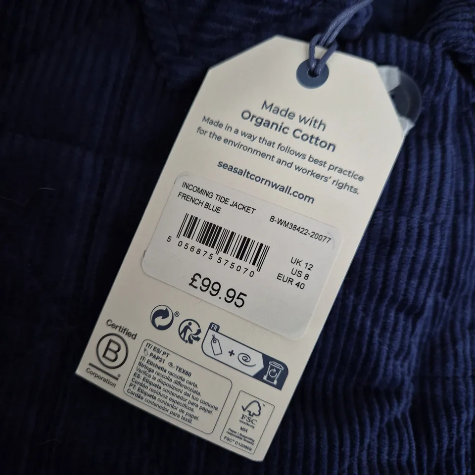 SEASALT CORNWALL INCOMING TIDE JACKET – NAVY QUILTED CORDUROY, UK 12