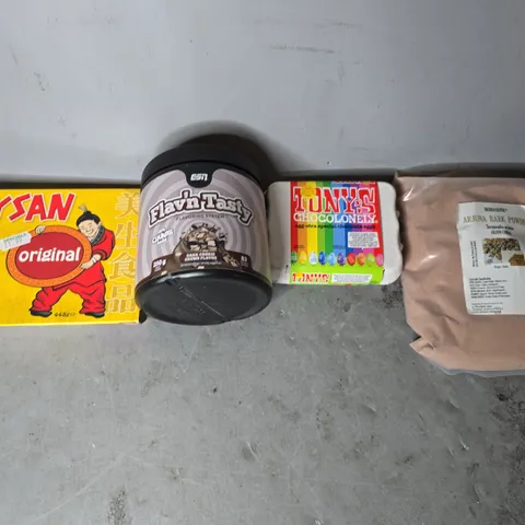 APPROXIMATELY 14 ASSORTED FOOD ITEMS TO INCLUDE - TONY'S CHOCOLONELY , ARJUNA BARK POWDER , MAYSAN CURRY SAUCE ETC