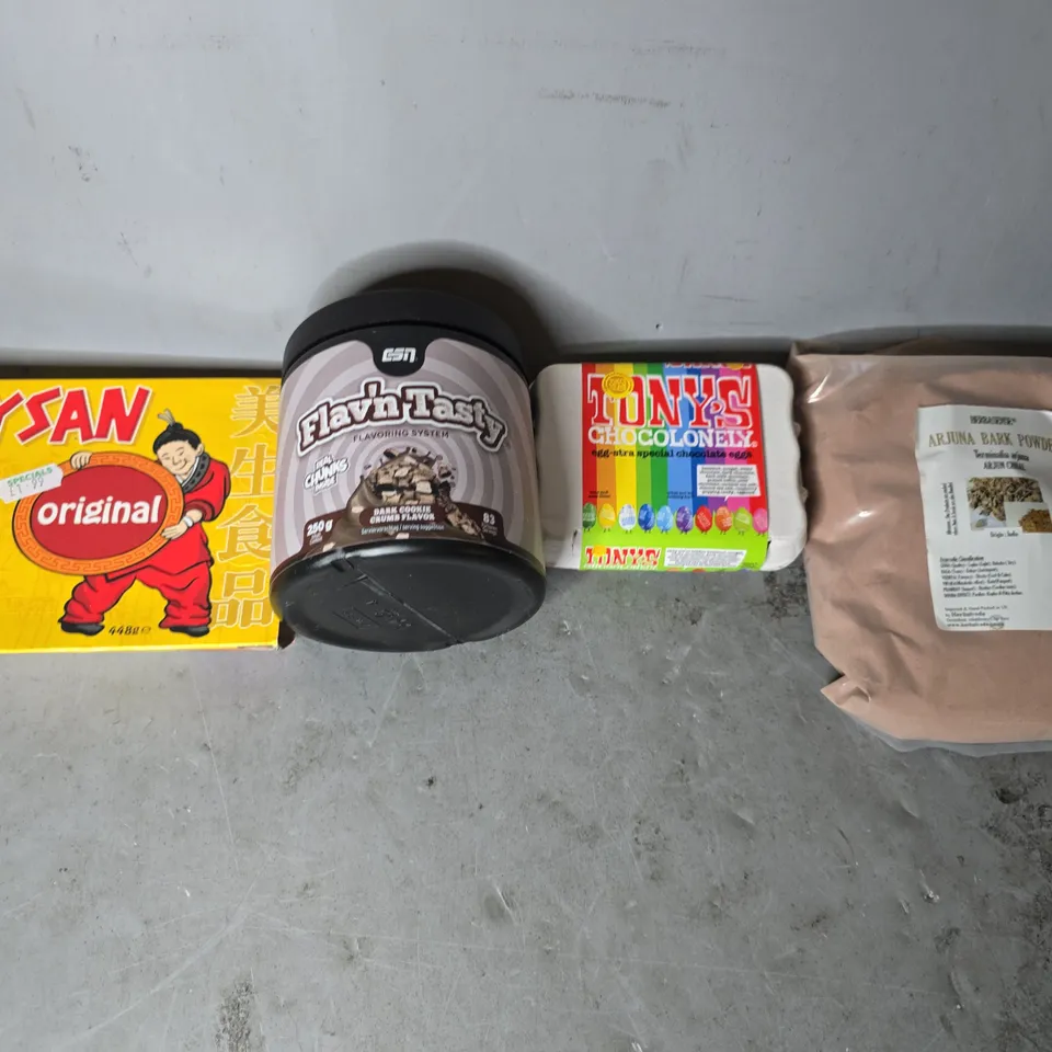 APPROXIMATELY 14 ASSORTED FOOD ITEMS TO INCLUDE - TONY'S CHOCOLONELY , ARJUNA BARK POWDER , MAYSAN CURRY SAUCE ETC