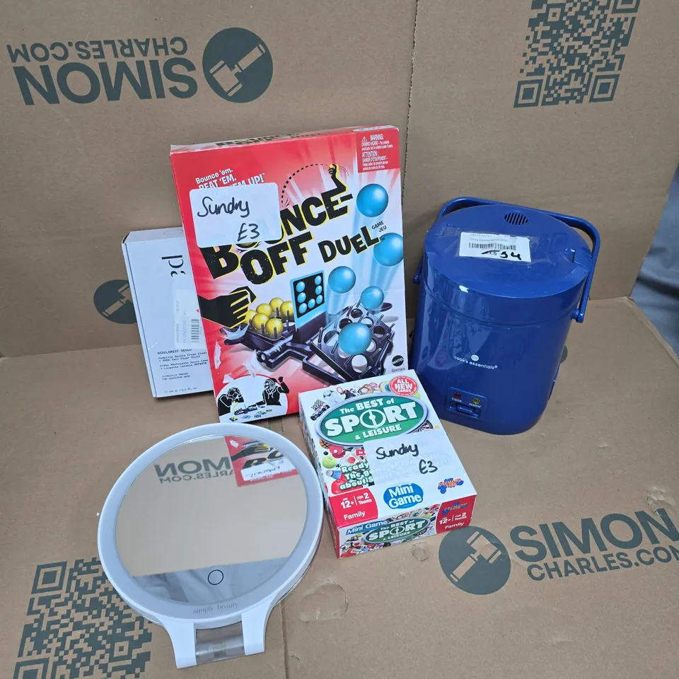 APPROXIMATELY 15 ASSORTED ITEMS TO INCLUDE SIMPLE BEAUTY MIRROR, BOUNCE OFF DUEL GAME, COOKS ESSENTIALS MULTI COOKER, ETC 