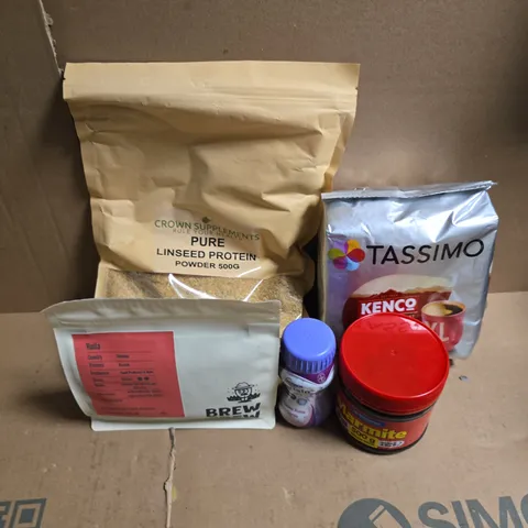 APPROXIMATELY 12 ASSORTED FOOD & DRINK ITEMS TO INCLUDE TASSIMO AMERICANDO GRANDE, MARMITE, NUTRICA FORTISIP, ETC - COLLECTION ONLY