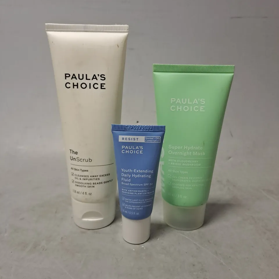 PAULA'S CHOICE LOT OF 3 ASSORTED COSMETIC PRODUCTS TO INCLUDE - SUPER HYDRATE OVERNIGHT MASK - THE UNSCRUB - YOUTH EXTENDING DAILY HYDRATING FLUID