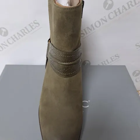 BOXED GREEN SUEDE HEELED BOOTS SIZE 5