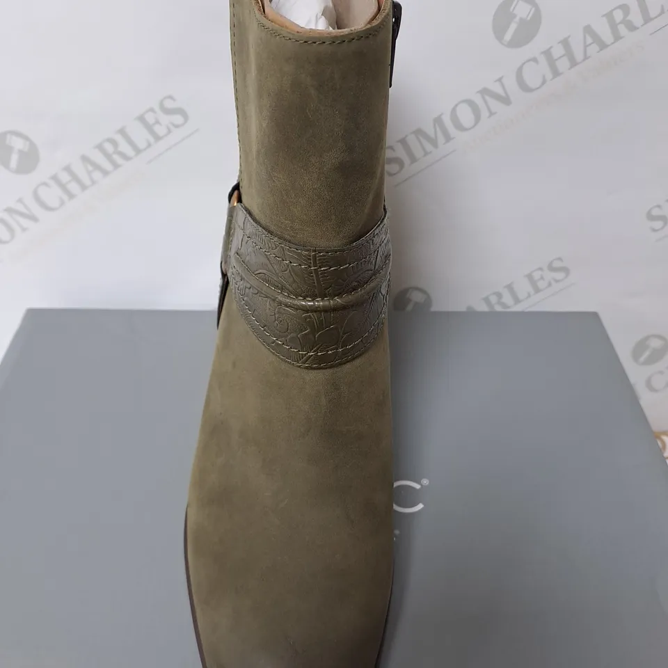 BOXED GREEN SUEDE HEELED BOOTS SIZE 5