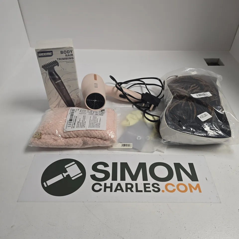 APPROXIMATELY 10 ASSORTED HAIR ACCESSORIES TO INCLUDE EXTENSIONS, BODY TRIMMER, HAIRDRYER, ETC