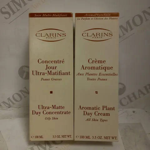 LOT OF 2 ASSORTED CLARINS PRODUCTS TO INCLUDE AROMATIC PLANT DAY CREAM 100ML & ULTRA-MATTE DAY CONCENTRATE 100ML