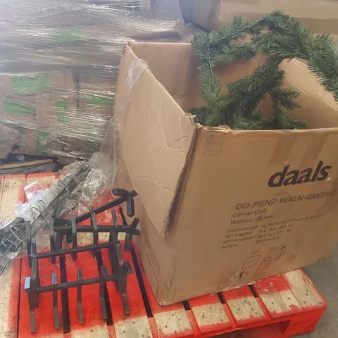 PALLET CONTAINING ASSORTED ITEMS INCLUDING: 9FT EIGER GARLANDS, METAL COAT RACKS, LOG HOLDERS ECT