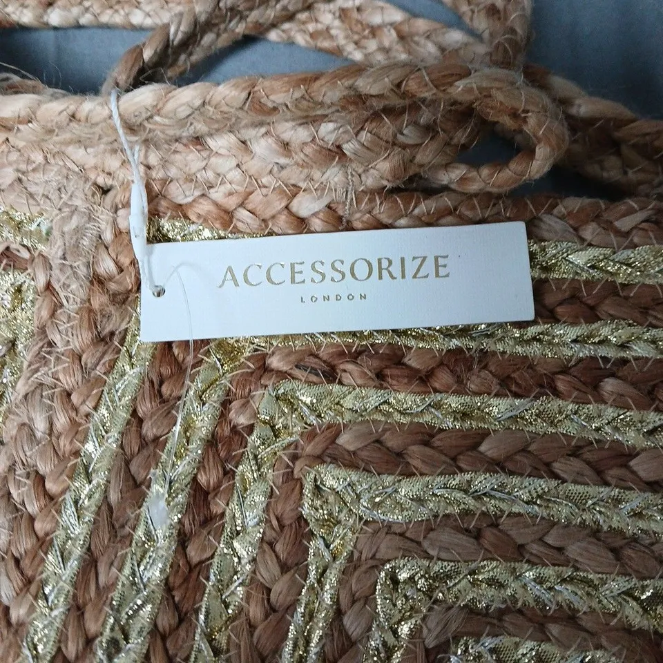 ACCESSORIZE LONDON WOVEN STRAW BAG WITH METALLIC GOLD TRIM